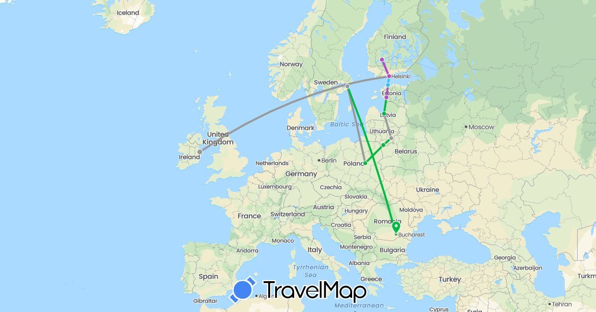 TravelMap itinerary: bus, plane, train, boat in Estonia, Finland, Ireland, Lithuania, Latvia, Poland, Romania, Sweden (Europe)